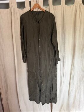 Eileen Fisher Lightweight Olive Longline Button-Up 100% Silk Shirt Split Hem